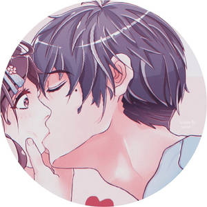 動漫情侶以柔和粉紅與紫色調分享親密時刻。 — 情侶 GIF 壁紙