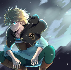 穿著冬季外套的動漫男孩坐在雪中，天空多雲