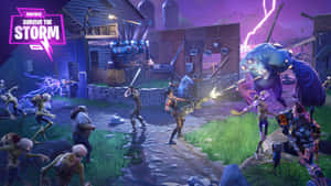 Fortnite玩家在風暴中紫色天空下與巨型怪物和殭屍戰鬥。