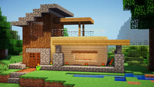 一間由石頭和木頭製成的Minecraft房屋，附近有一個池塘，位於像素化景觀中。