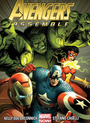 復仇者聯盟團隊包括 Hulk、Thor、Captain America、Iron Man 和 Scarlet Witch，以漫畫風格呈現。