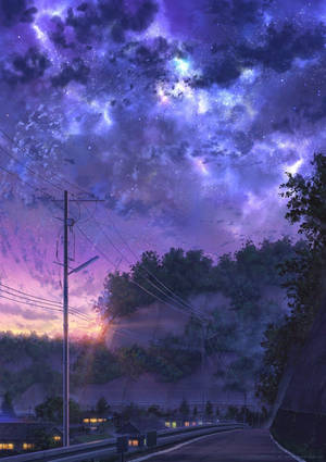暮色中的道路，在星空紫色天空下，有村莊燈光和電線。 — 銀河 壁紙