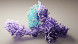 一個3D渲染的分子蛋白質結構，帶有紫色和青色絲帶。