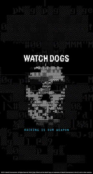 Watch Dogs 遊戲標誌，帶有像素化骷髏頭和黑客文字，背景為黑色。
