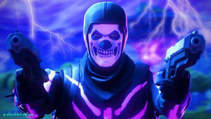 Fortnite角色戴著骷髏面具，在紫色閃電風暴下手持兩把手槍。 — 狙擊手 壁紙