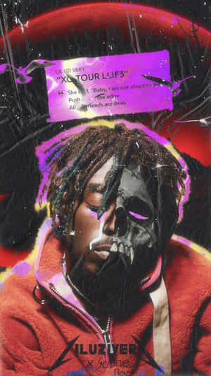 Lil Uzi Vert 半邊骷髏頭肖像，紅色外套和紫色文字疊加。