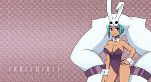 穿著兔女郎服裝的動漫角色 Cerebella 在沙發上擺姿勢。