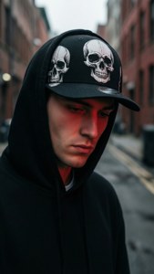 穿著黑色連帽衫和骷髏帽的年輕男子低頭看著城市街道。