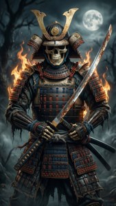 骷髏臉武士在燃燒的盔甲中於滿月下持劍。 — iPhone 5 壁紙