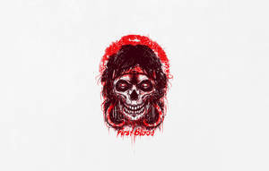 帶有深色頭髮和紅色飛濺滴的頭骨，帶有「First Blood」文字。 — 鬼滅之刃面具 壁紙