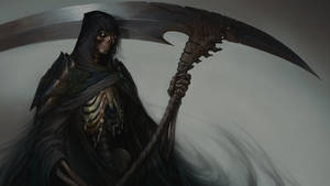 骷髏死神手持鐮刀，身披深色斗篷，迷霧背景