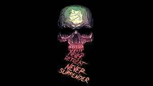 帶有發光大腦和火焰勵志文字 never retreat never surrender 的頭骨。
