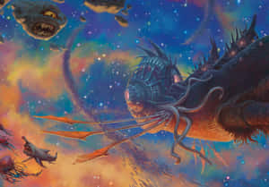 一隻擁有發光眼睛的巨龍，與漂浮的外星生物一起飛過色彩繽紛的星雲。