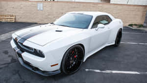 白色Dodge Challenger跑車，黑色點綴，停泊喺停車場。