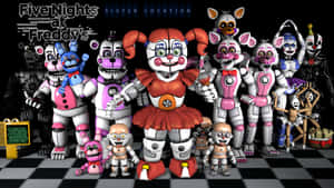 一群來自《Five Nights at Freddy's》的可怕電子動畫角色在棋盤格地板上。