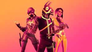 三個穿著發光未來裝備的Fortnite角色在粉紅橙色漸變前擺姿勢。