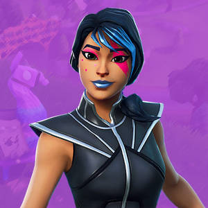 Fortnite 角色，藍色頭髮和粉紅色化妝，穿著黑色盔甲。
