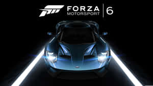 藍色福特GT跑車在黑暗賽道上車頭燈發光，帶有Forza Motorsport 6標誌。