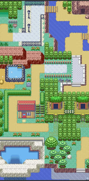 像素化寵物小精靈遊戲地圖，顯示一個有房屋、河流和小徑的小鎮。