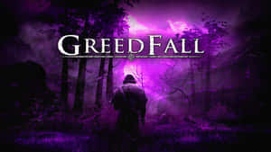 一個人走進發光的紫色森林，下方是 GreedFall 標題。