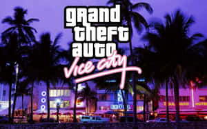 霓虹燈照亮的熱帶城市街道，有棕櫚樹和 Grand Theft Auto Vice City 標誌。