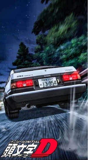 白色AE86在Initial D動畫風格下，於星空下在雨夜森林中飄移。
