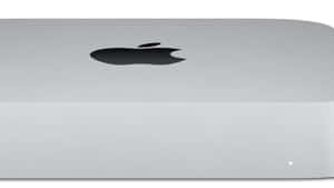銀色 Apple Mac mini 電腦，帶黑色標誌和狀態指示燈。