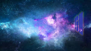 一個發光的宇宙傳送門打開，進入一個充滿藍色和紫色雲朵的繁星星雲。