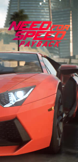 城市中的紅色跑車，帶有遊戲標題 Need for Speed Payback。