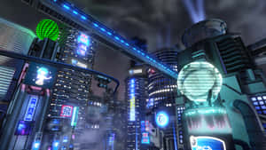 未來感霓虹城市夜景，發光的摩天大樓和數位廣告牌。 — 火箭 GIF 壁紙