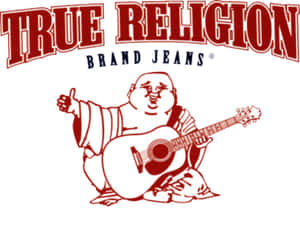 True Religion Brand Jeans 標誌， featuring 一個彈結他的佛陀。