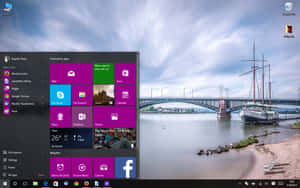 Windows 10 開始功能表在河景場景中，有橋樑和歷史船隻。