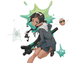 動漫女學生穿著校服，手持武器，伴有綠色墨水飛濺和碎玻璃。