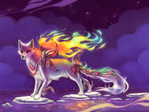 神話中的狐狸，帶有彩虹火焰，站在浮石上，背景是星空