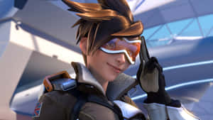 Overwatch角色在未來風格環境中微笑並調整護目鏡 — 鬥陣特攻 GIF 壁紙