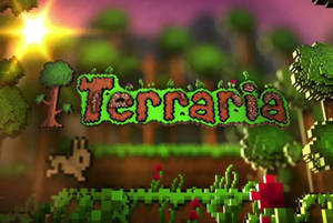像素藝術風格的 Terraria 遊戲標誌，周圍環繞著樹木和草地。