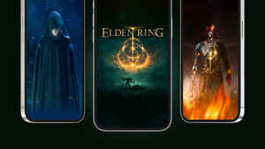 三部手機屏幕顯示《Elden Ring》遊戲壁紙， featuring 奇幻角色和場景。