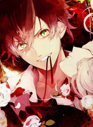 紅髮綠眼的動漫男孩手持玫瑰，被紅白玫瑰環繞。
