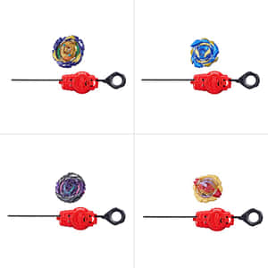 四個Beyblade陀螺連紅色發射器以網格顯示。