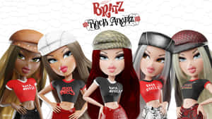 五個穿著樂隊服裝的Bratz Rock Angels公仔為宣傳圖片擺姿勢。