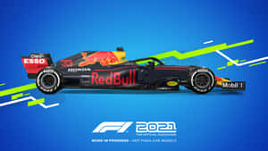 紅牛一級方程式賽車，帶有贊助商標誌，背景是藍色和綠色條紋。