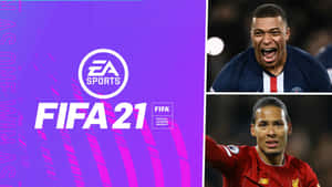 FIFA 21 遊戲封面，兩名足球運動員在紫色和粉紅色背景上慶祝。