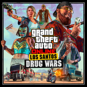 GTA Online Los Santos Drug Wars封面，角色和燃燒的卡車在沙漠中。