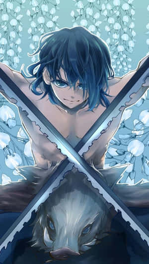 動漫男孩手持交叉劍在白花下俯視一隻狼。