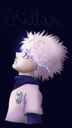 動畫角色奇犽（Killua）頭後有閃電，抬頭凝視。