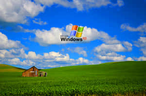 綠色田野中的木製穀倉，藍天白雲，Windows XP 標誌