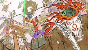動漫戰士騎著帶火焰的狐狸穿過神社場景，周圍有神話生物。
