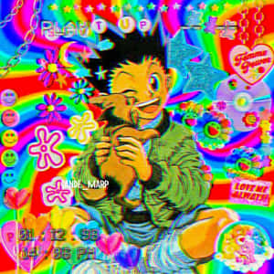 動漫男孩在彩虹漩渦、心形和貼紙中抱著毛絨玩具，帶有故障文字。