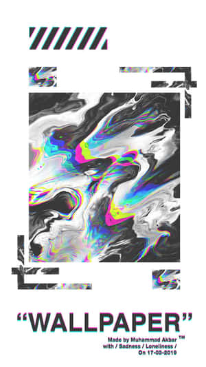 抽象數位藝術作品，具有旋轉的霓虹色彩和故障效果，並以幾何形狀框住。