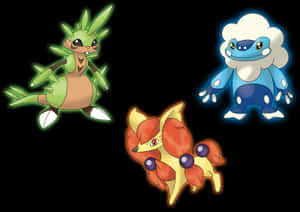 三個發光的 Pokémon 角色漂浮在太空中